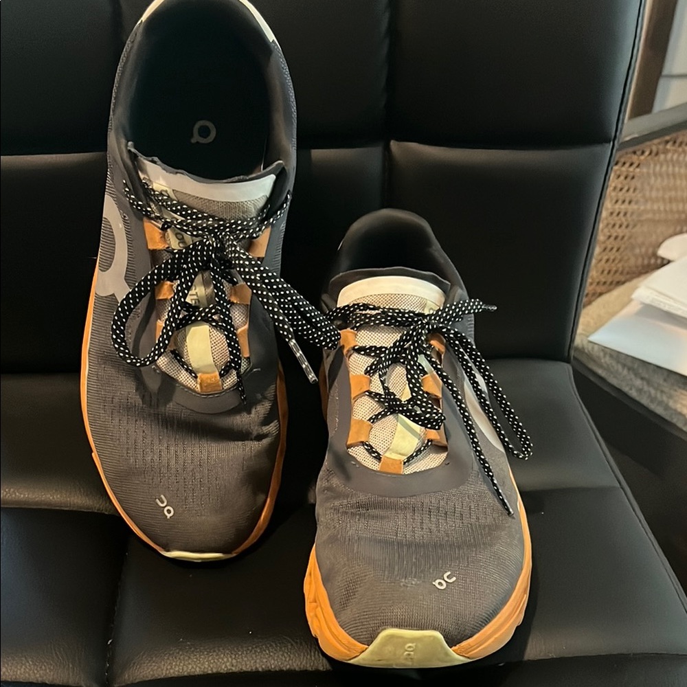 On Running Gray and Orange Athletic Shoes with Mesh Upper